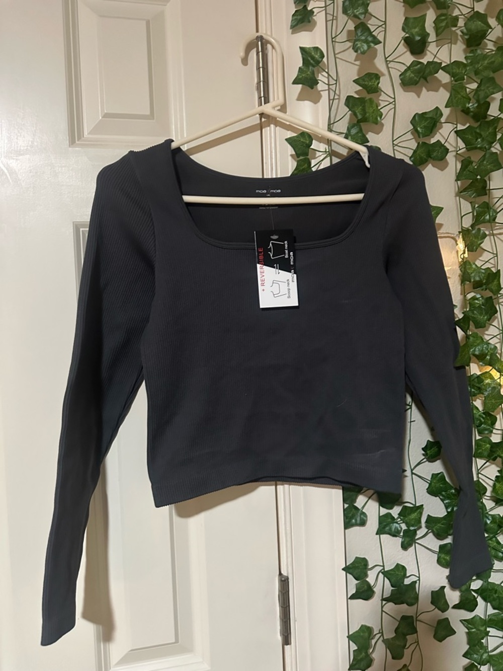 Moa Moa Charcoal Ribbed Square-Neck Long Sleeve Top